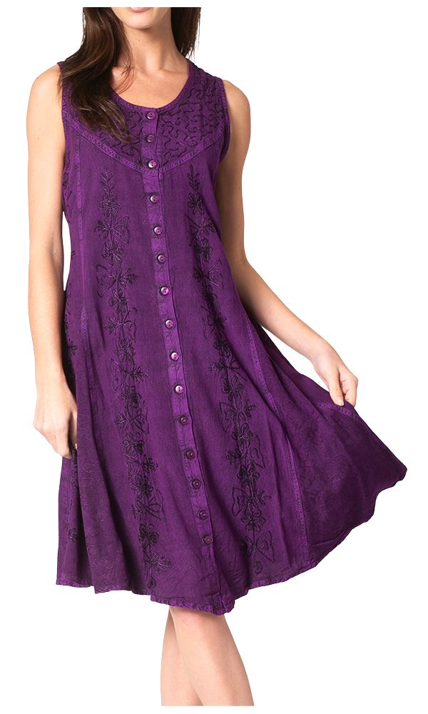 Sakkas Maya Midi Floral Embroidered Sleeveless Button Up Rayon Dress